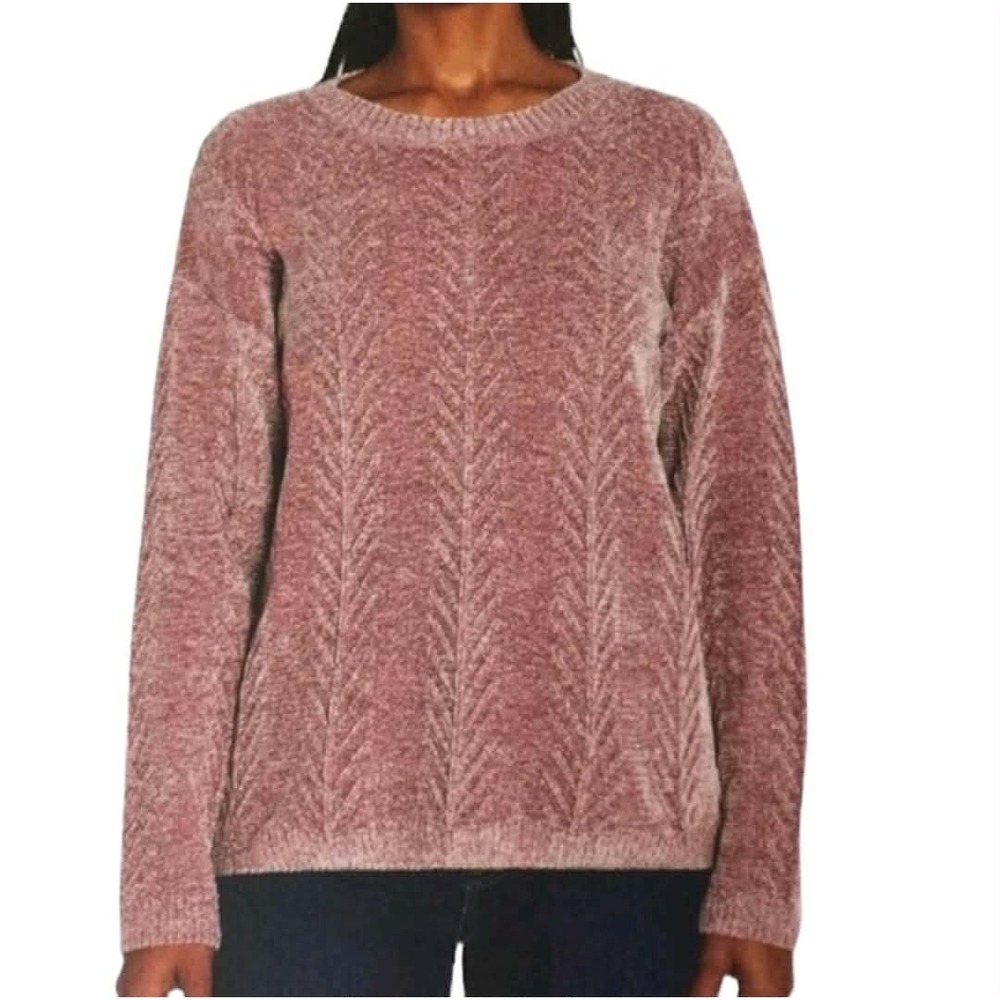 Orvis Chenille Cable Knit Sweater Womens Size Large Mauve Pink Velour Crewneck